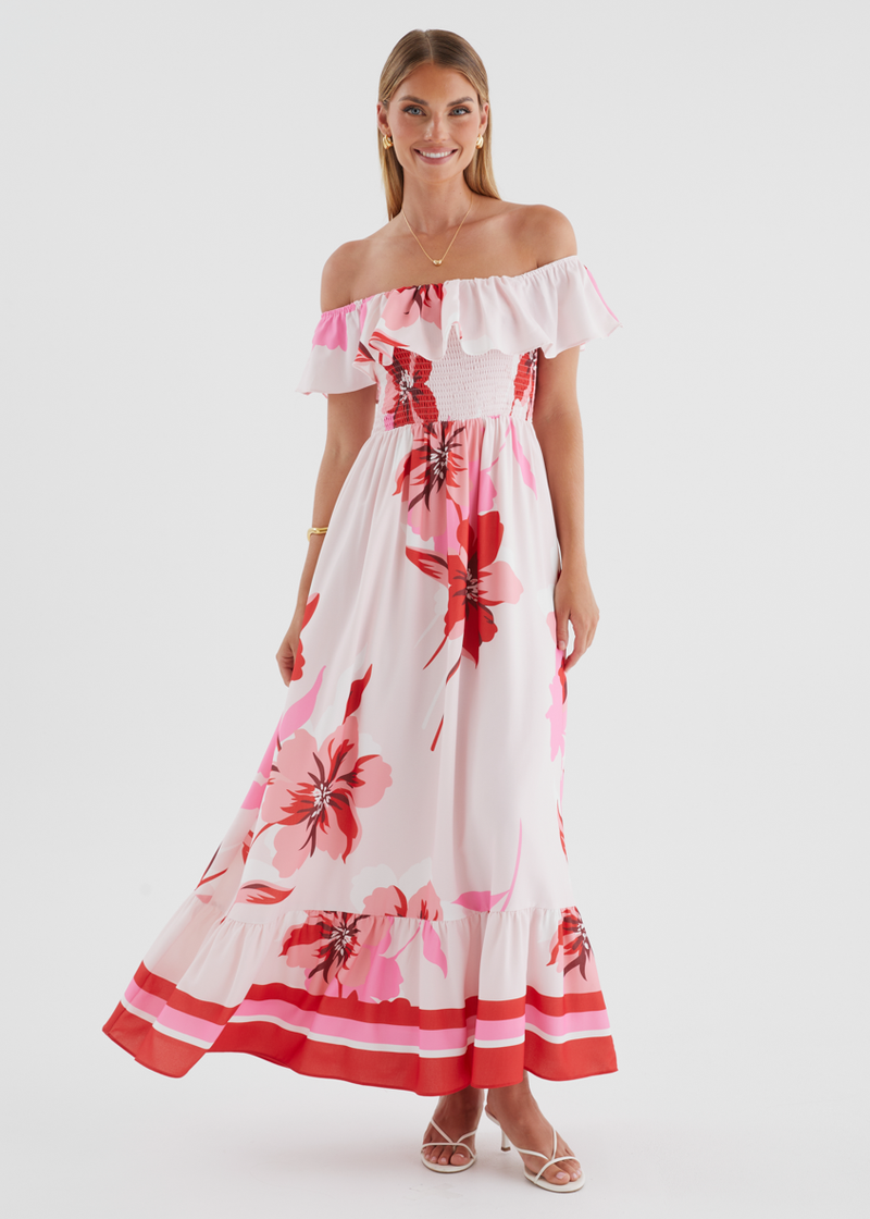 Lina Off Shoulder Maxi Dress - Strawberry Bloom – Gingham & Heels