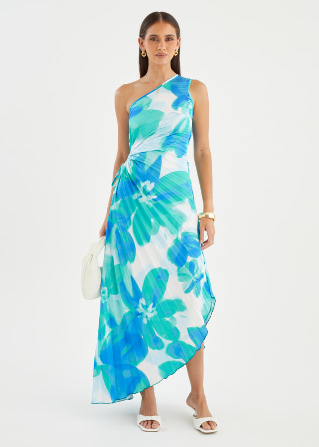 Kiyo One Shoulder Midi Dress - Aqua Petal