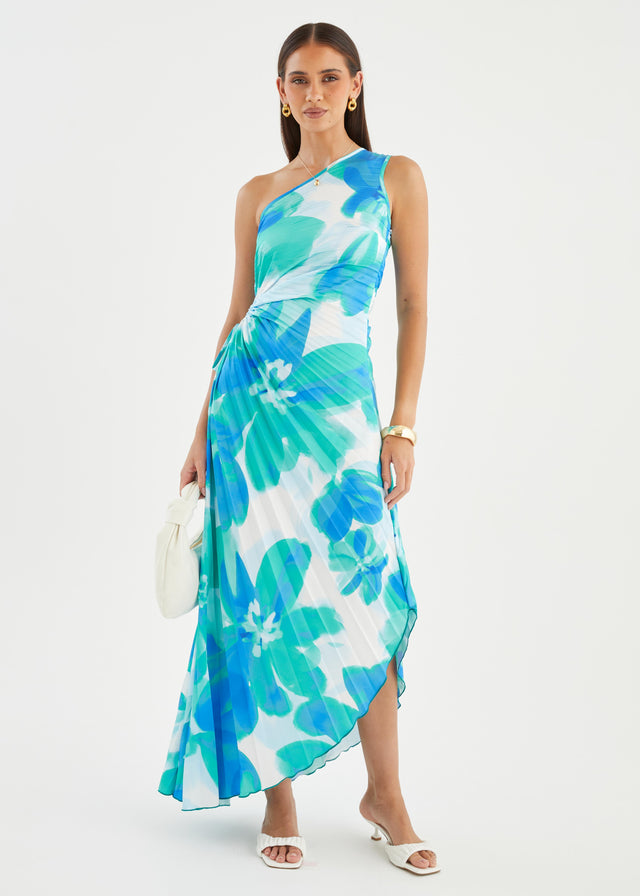 Kiyo One Shoulder Midi Dress - Aqua Petal