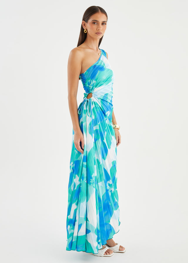 Kiyo One Shoulder Midi Dress - Aqua Petal