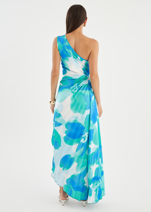 Kiyo One Shoulder Midi Dress - Aqua Petal
