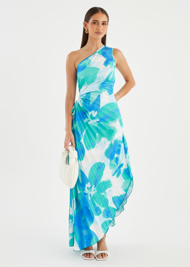 Kiyo One Shoulder Midi Dress - Aqua Petal
