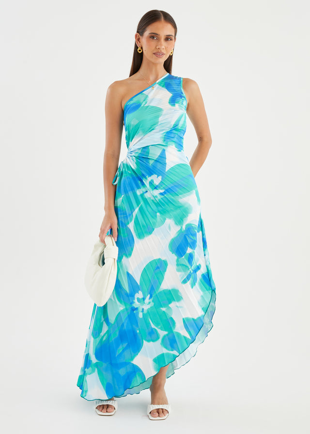 Kiyo One Shoulder Midi Dress - Aqua Petal
