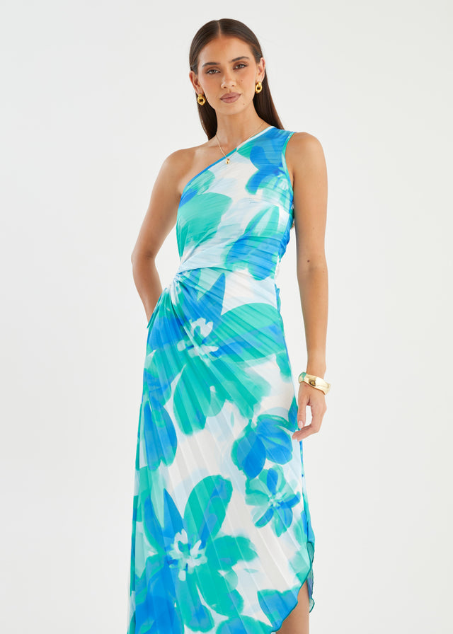 Kiyo One Shoulder Midi Dress - Aqua Petal
