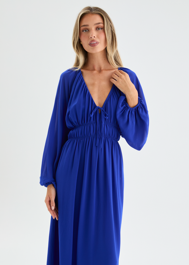 fitted lace wedding dress Elle Cobalt Blue Floral Chiffon Pleated Belted 3/4 Length Sleeve Maxi fitted lace wedding dress Elle Cobalt Blue Floral Chiffon Pleated Belted 3/4 Length Sleeve Maxi