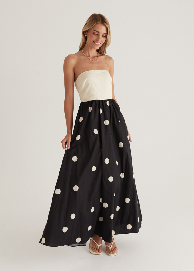 Nadya Strapless Maxi Dress - Cream Polka Gingham & Heels Nadya Strapless Maxi Dress - Cream Polka Gingham & Heels