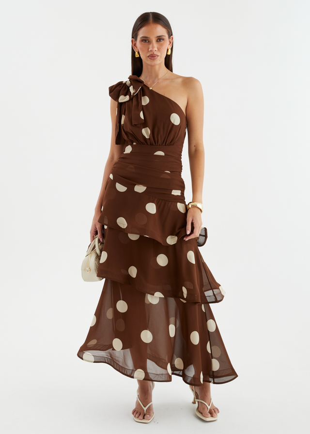 Bailee One Shoulder Midi Dress - Tan Polka