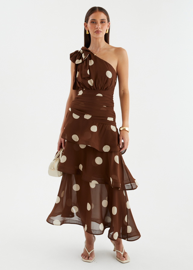 Bailee One Shoulder Midi Dress - Tan Polka