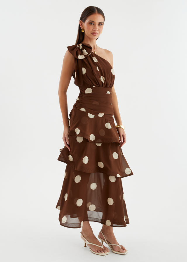 Bailee One Shoulder Midi Dress - Tan Polka