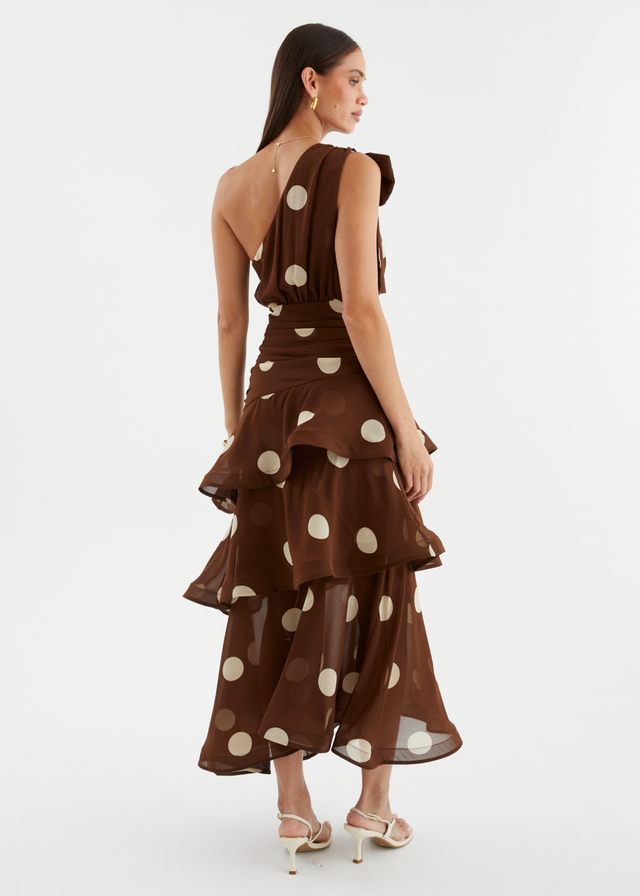Bailee One Shoulder Midi Dress - Tan Polka