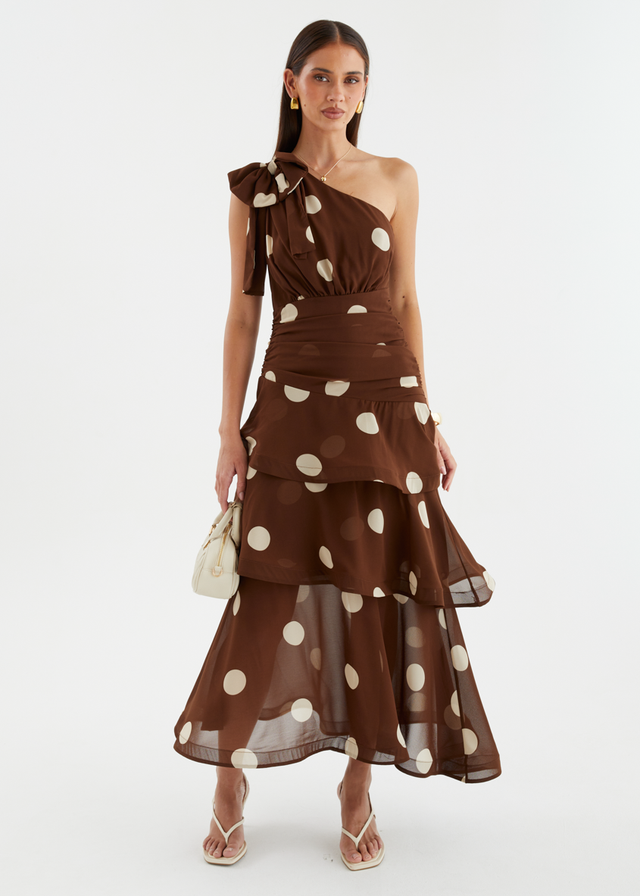 Bailee One Shoulder Midi Dress - Tan Polka