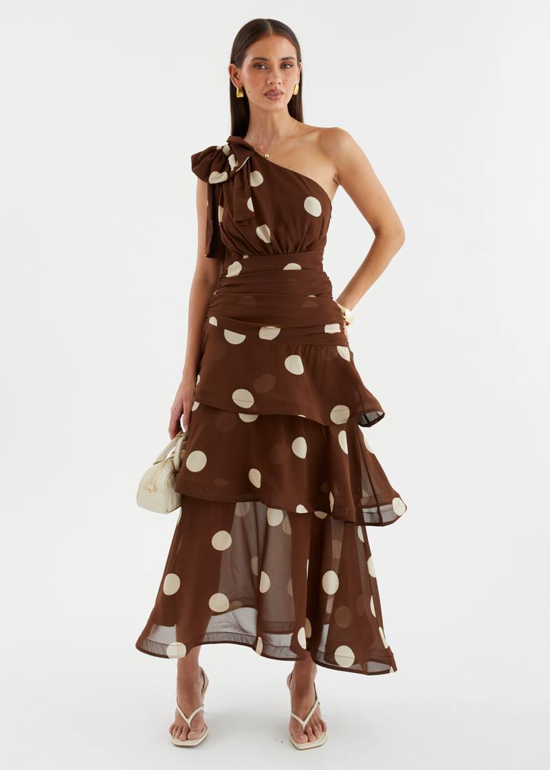 chocolate polka dot one shoulder ruffle detail pleated midi dress Never Fully Dressed Tilly off shoulder midaxi dress in chocolate-Brown