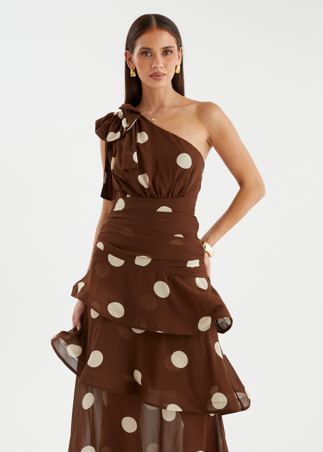 Bailee One Shoulder Midi Dress - Tan Polka