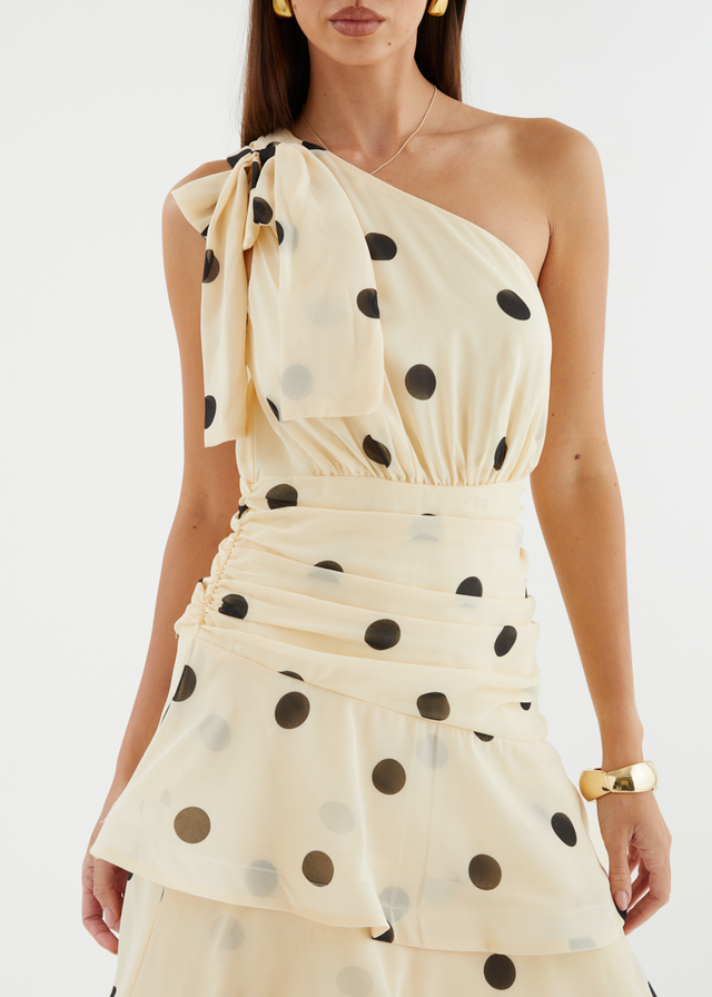 Bailee One Shoulder Midi Dress - Cream Polka