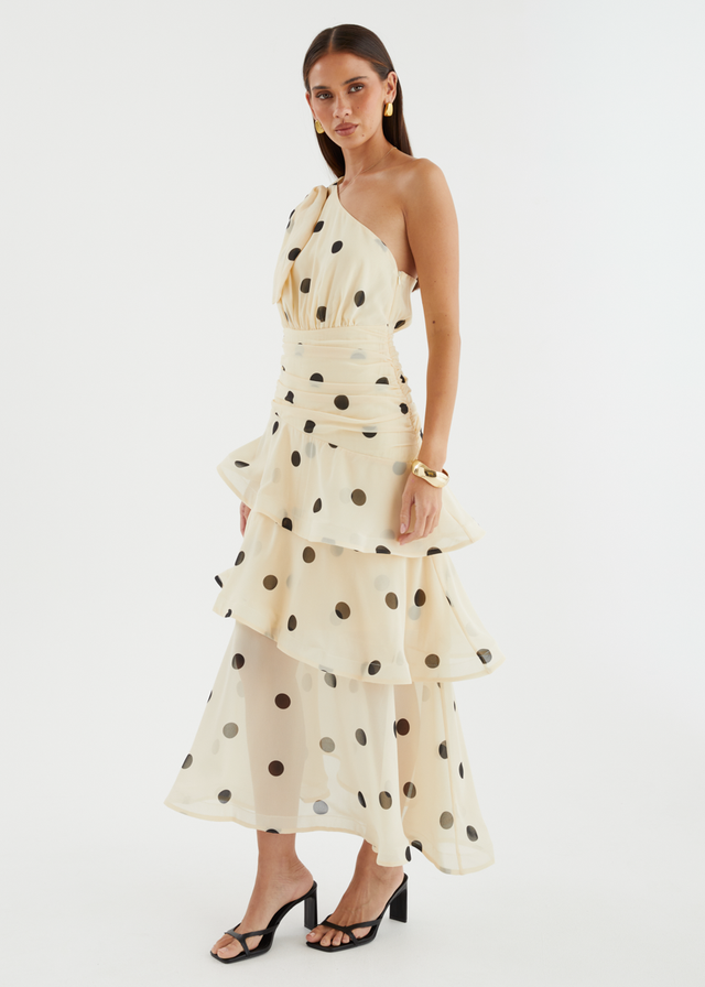 Bailee One Shoulder Midi Dress - Cream Polka