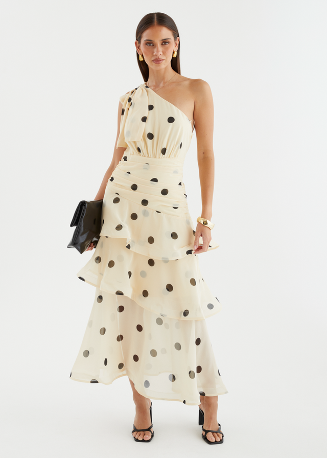 Bailee One Shoulder Midi Dress - Cream Polka