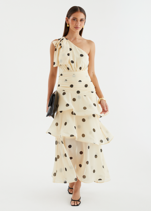 Bailee One Shoulder Midi Dress - Cream Polka