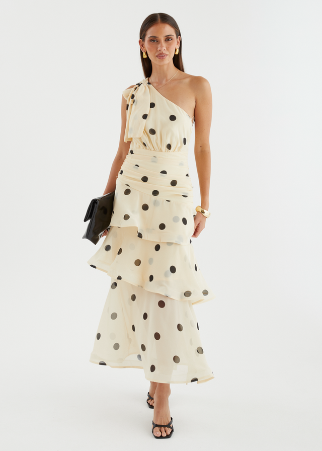 Bailee One Shoulder Midi Dress - Cream Polka