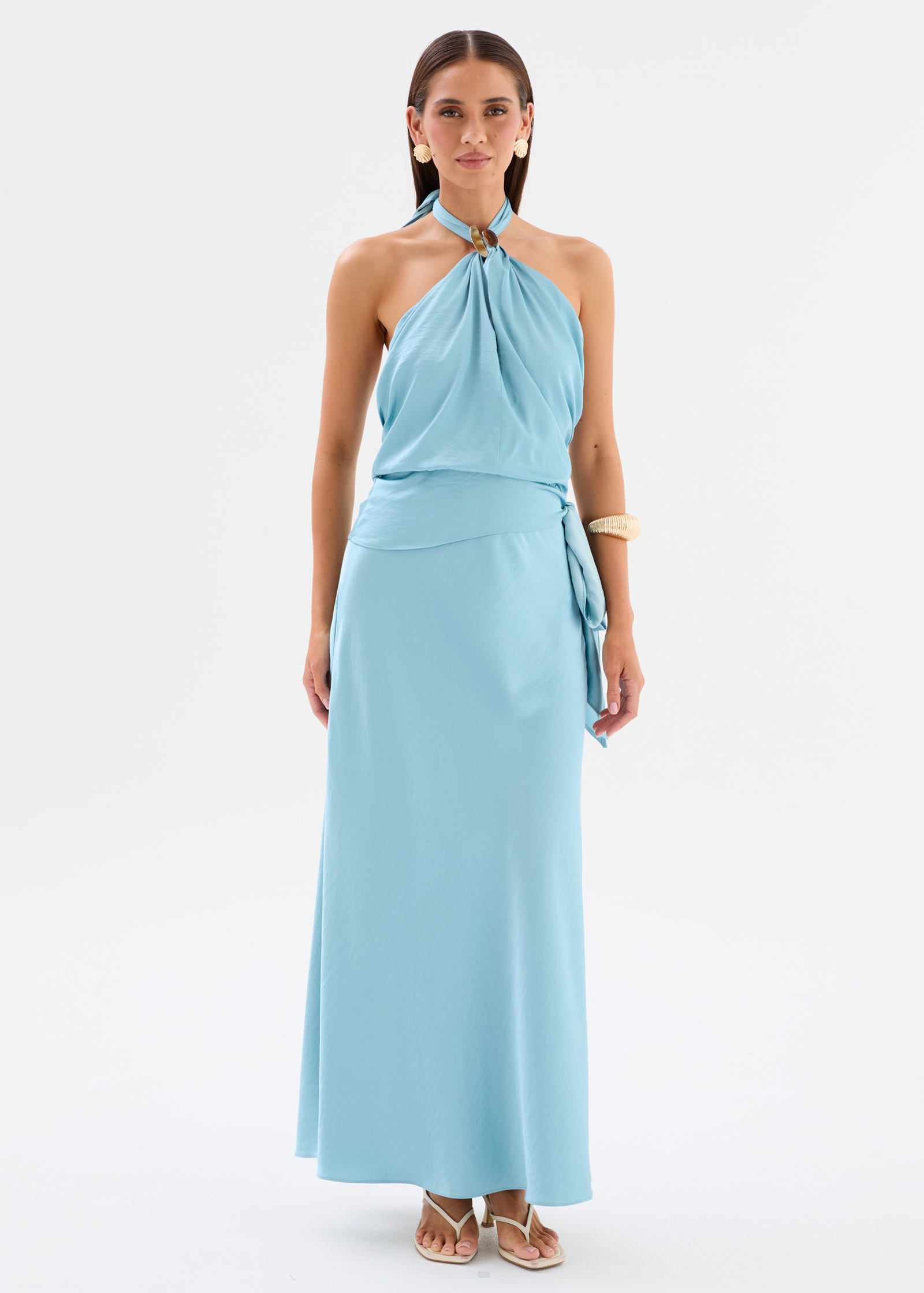 aquamarine halter dress Cyrena Maxi Kiwi Green Twist-Front Pleated lacestrapdress Where comfort meets couture Color:Print B