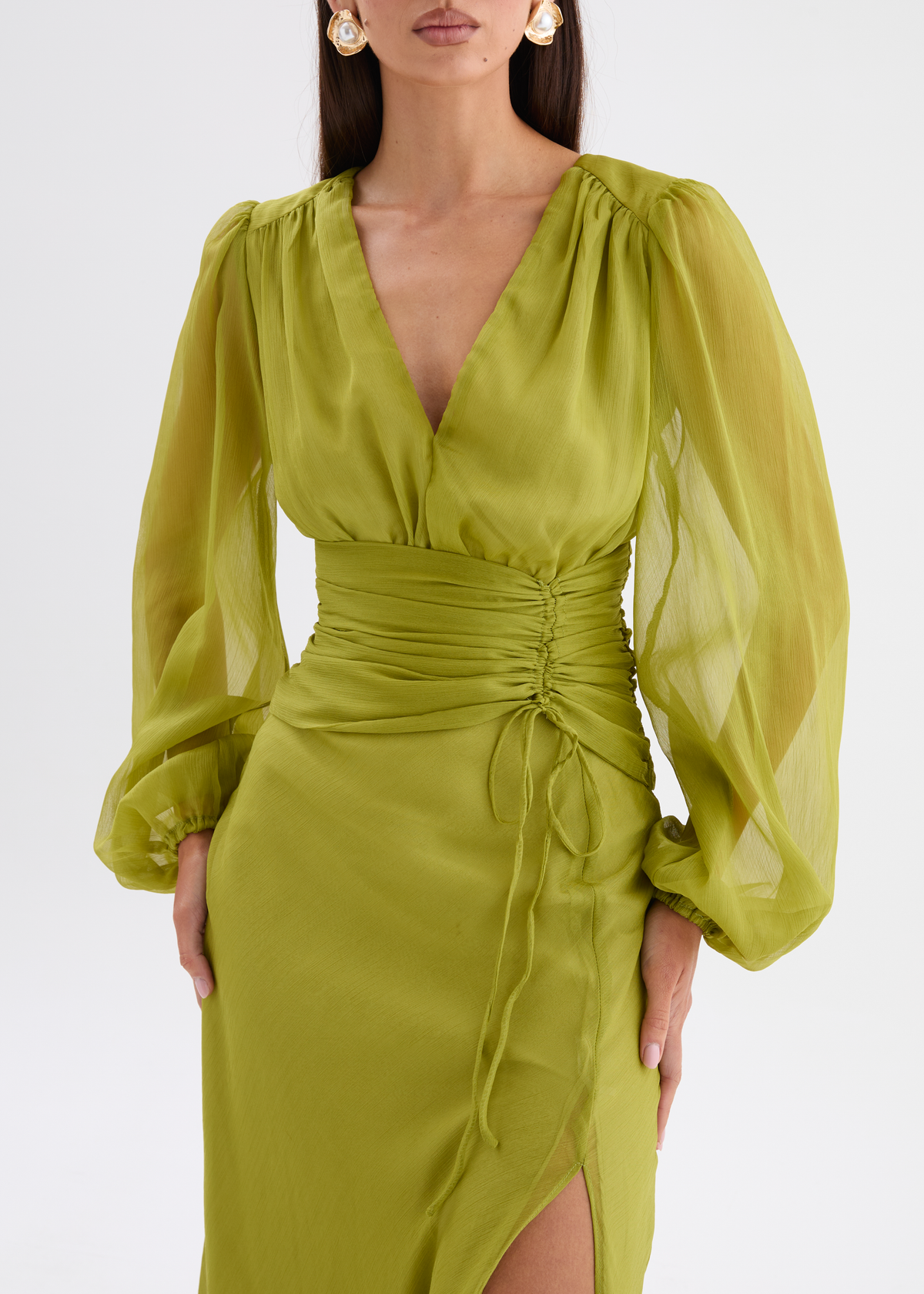 chartreuse puff sleeve extreme plunge waist detail maxi dress Moonstruck creating a defined Women Sexy Long Sleeve 26SEASON2 Color:PINK-GREEN
