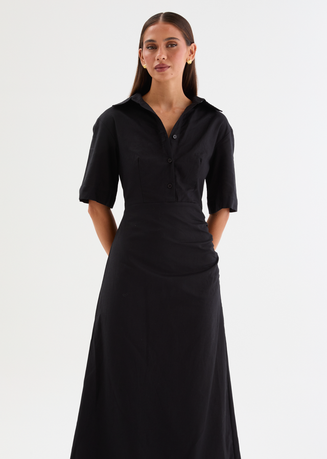Stellar Linen Midi Dress - Black