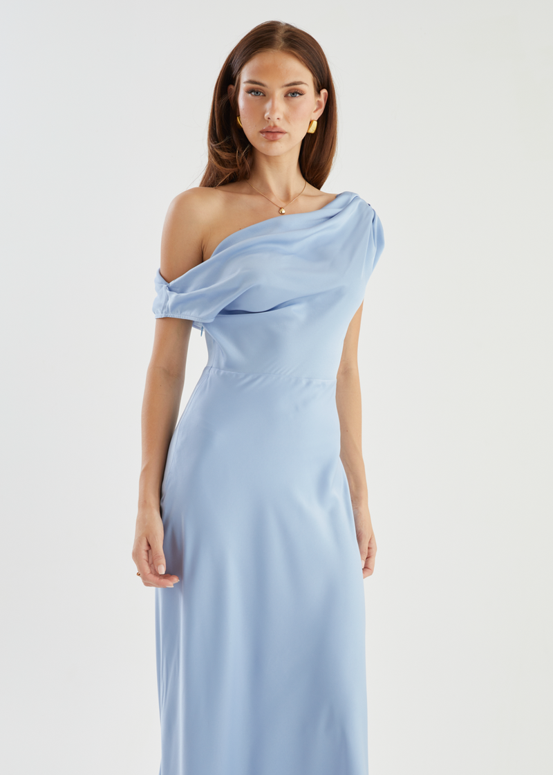 Rae Off Shoulder Maxi Dress - Sky Blue Gingham & Heels Rae Off Shoulder Maxi Dress - Sky Blue Gingham & Heels