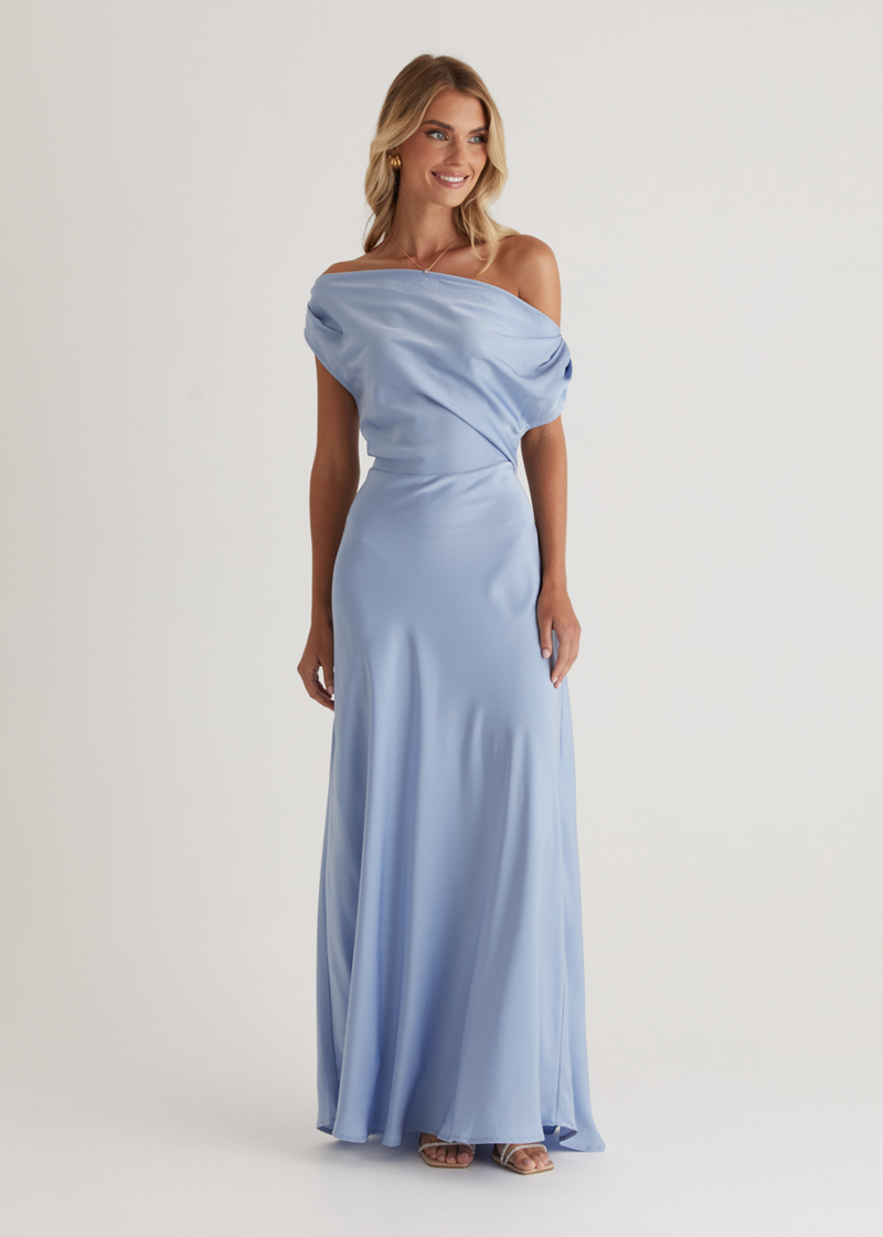 Rae Off Shoulder Maxi Dress - Sky Blue Gingham & Heels Rae Off Shoulder Maxi Dress - Sky Blue Gingham & Heels