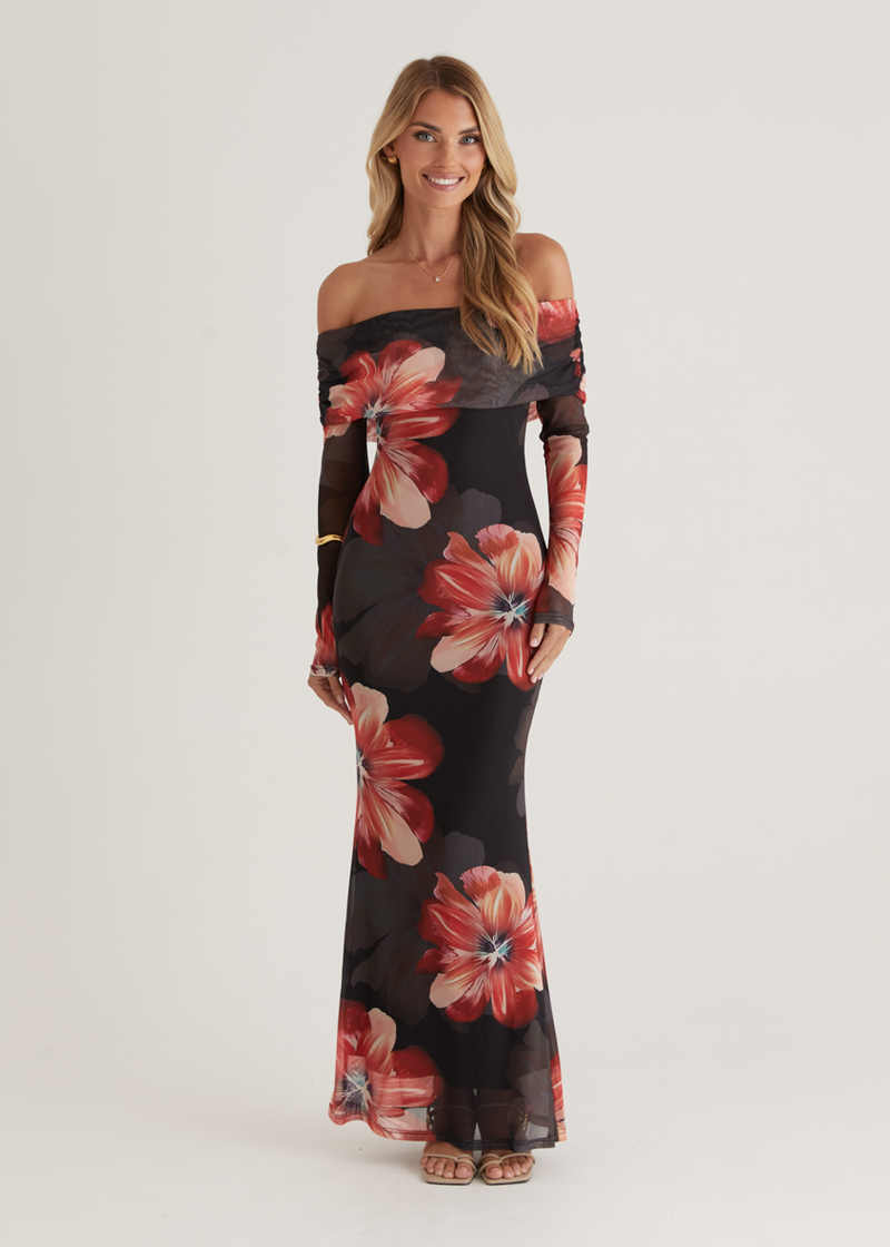 Sienna Mesh Off Shoulder Maxi Dress - Red Floral Gingham & Heels Sienna Mesh Off Shoulder Maxi Dress - Red Floral Gingham & Heels