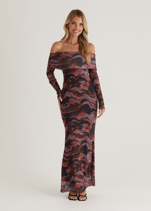Sienna Mesh Off Shoulder Maxi Dress - Black Tie Dye Gingham & Heels Sienna Mesh Off Shoulder Maxi Dress - Black Tie Dye Gingham & Heels