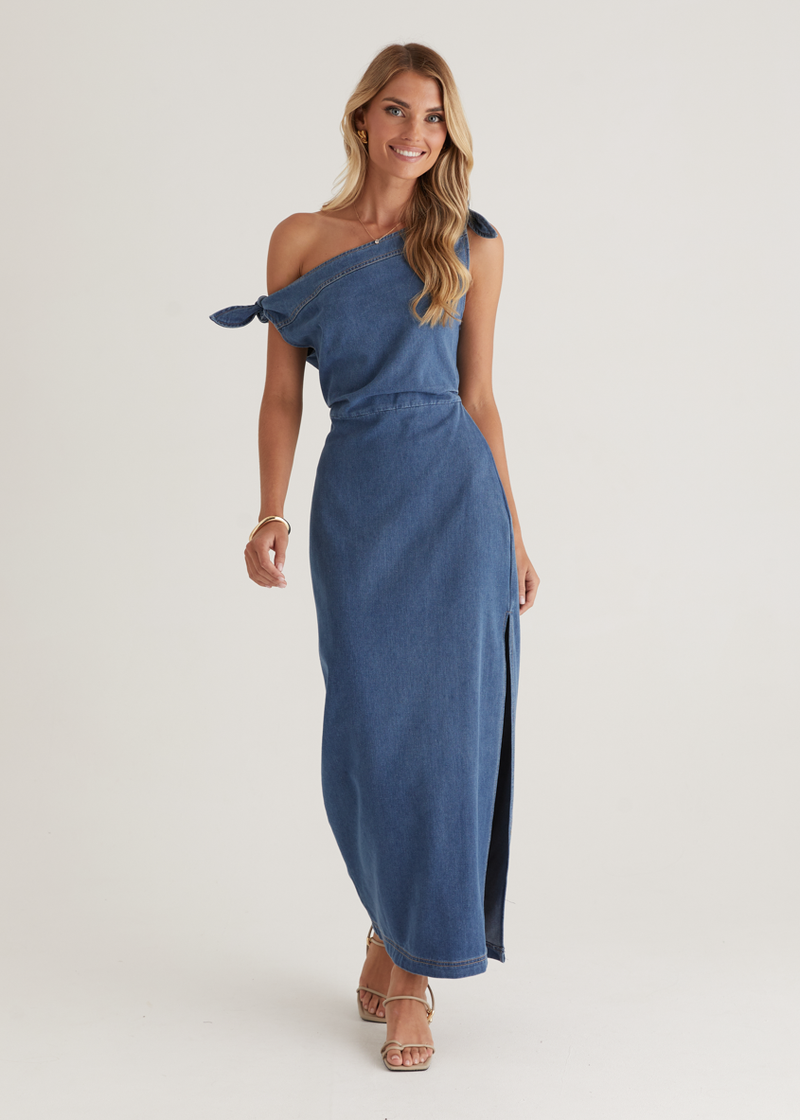 gingham and heels one shoulder dress Sicilian One Shoulder Midi Dress