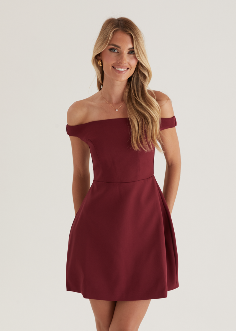 cherry off the shoulder dress Lexa Off Shoulder Dress