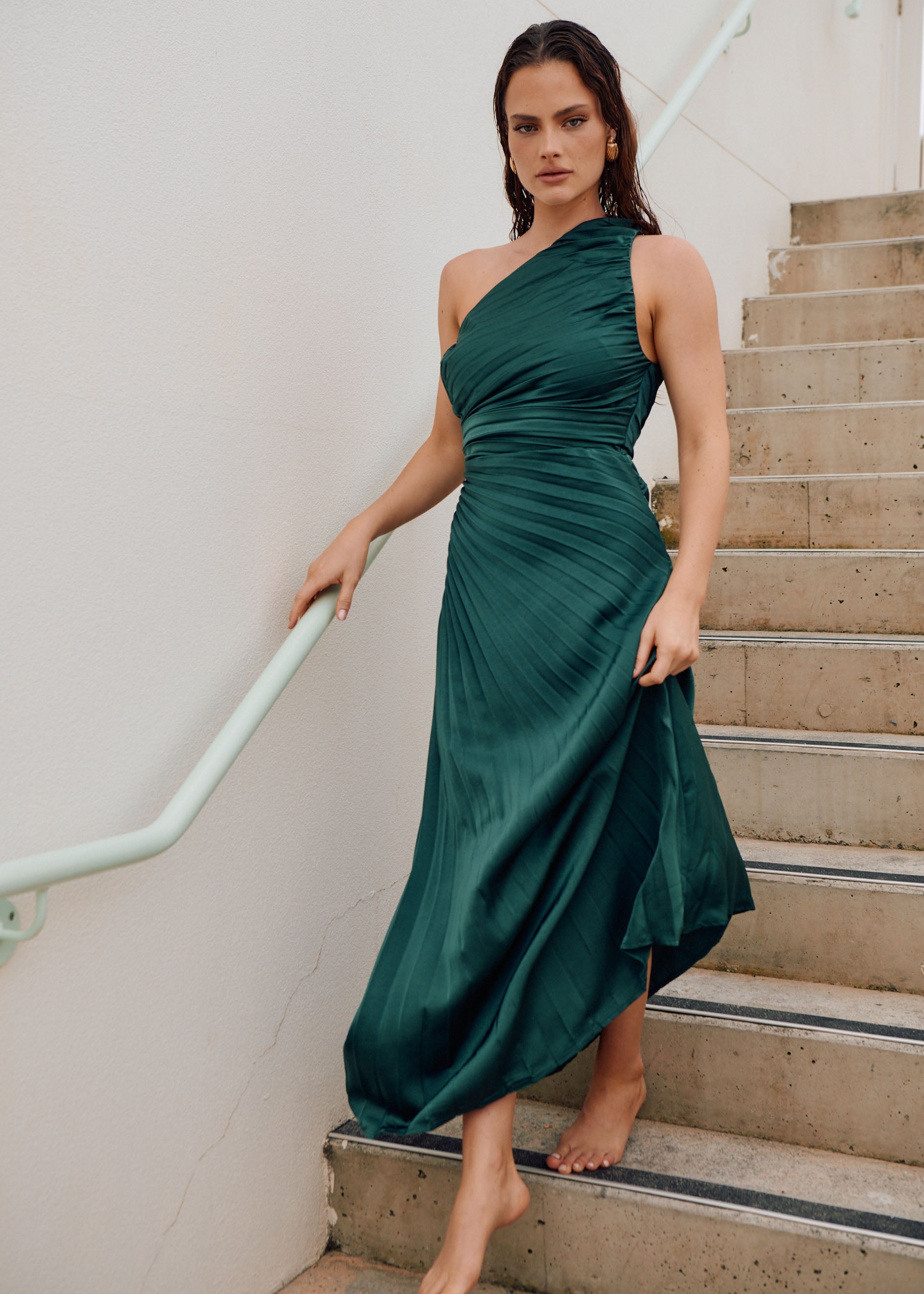 Telle One Shoulder Midi Dress - Emerald