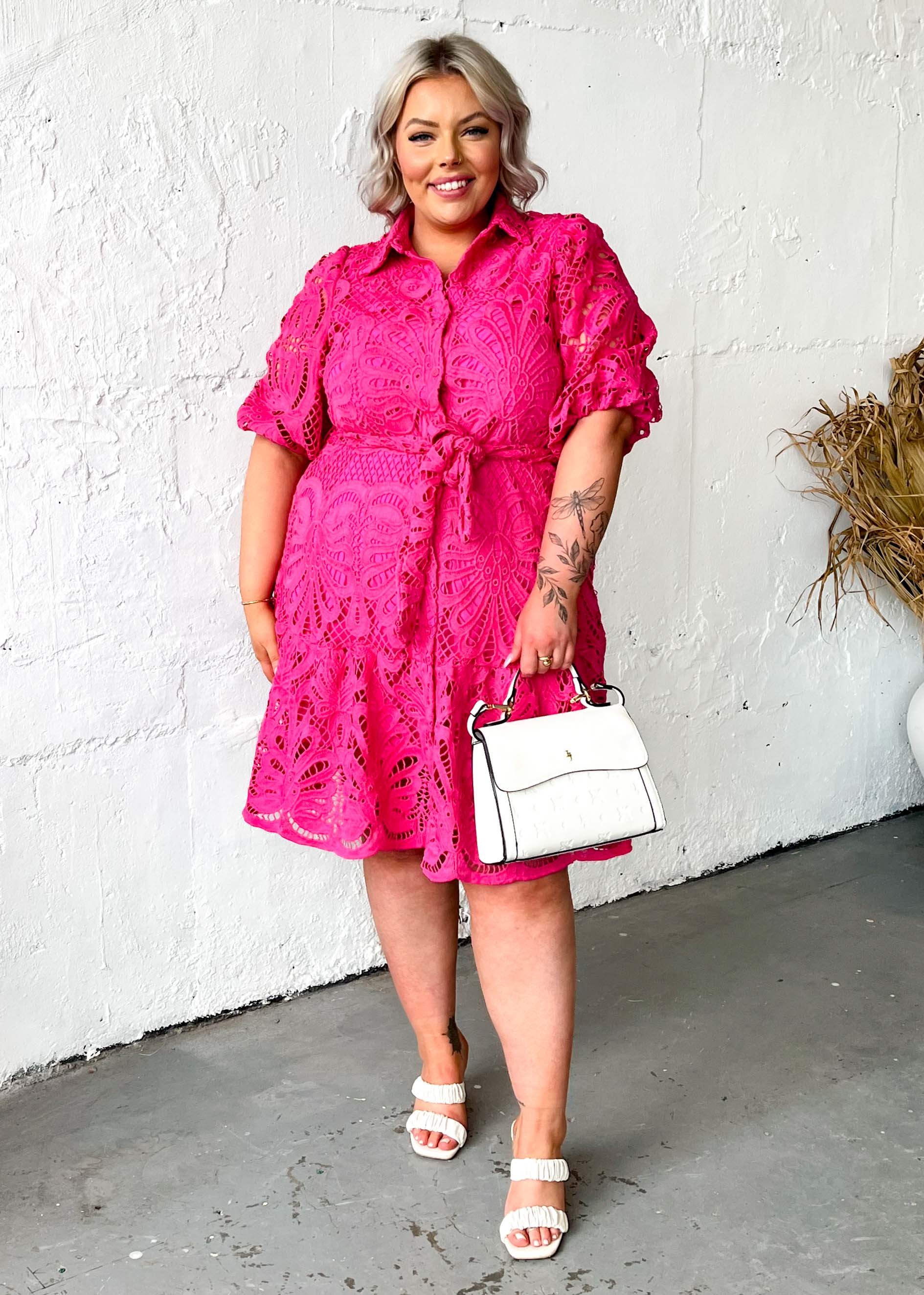 Nence Lace Dress - Hot Pink