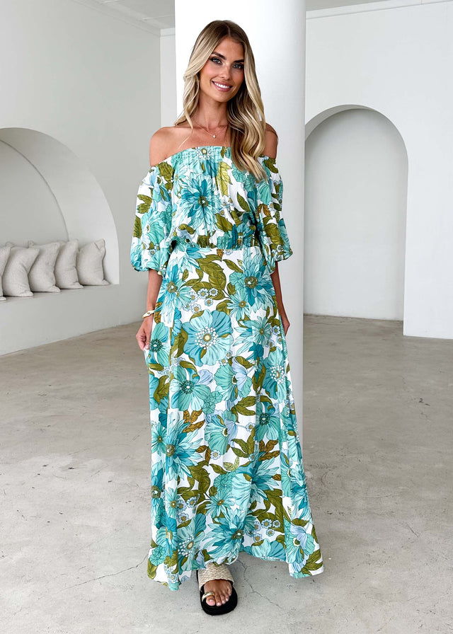 Hallie Off Shoulder Maxi Dress - Amaya Green Gingham & Heels Hallie Off Shoulder Maxi Dress - Amaya Green Gingham & Heels