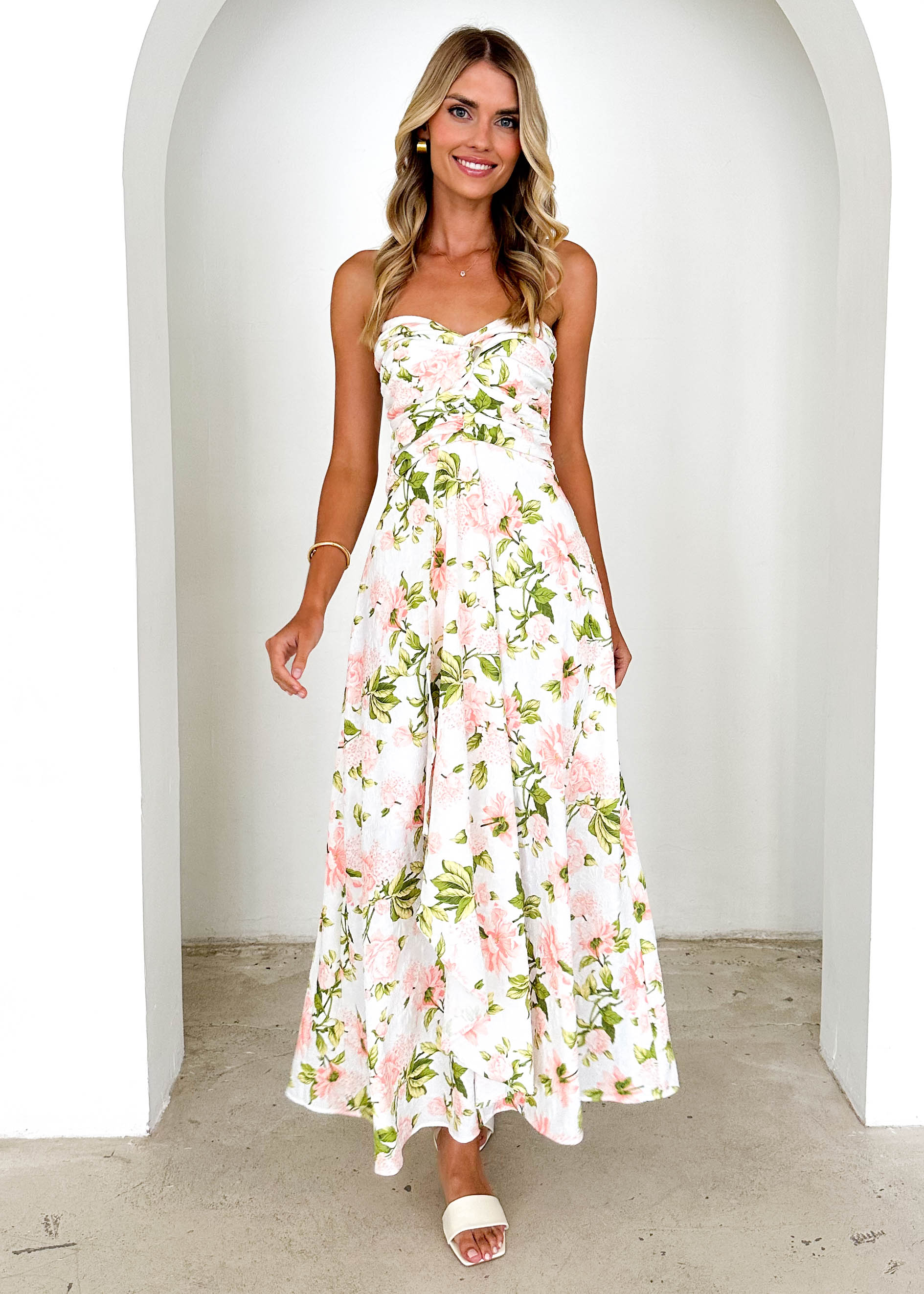 Naples Strapless Maxi Dress - Peach Floral