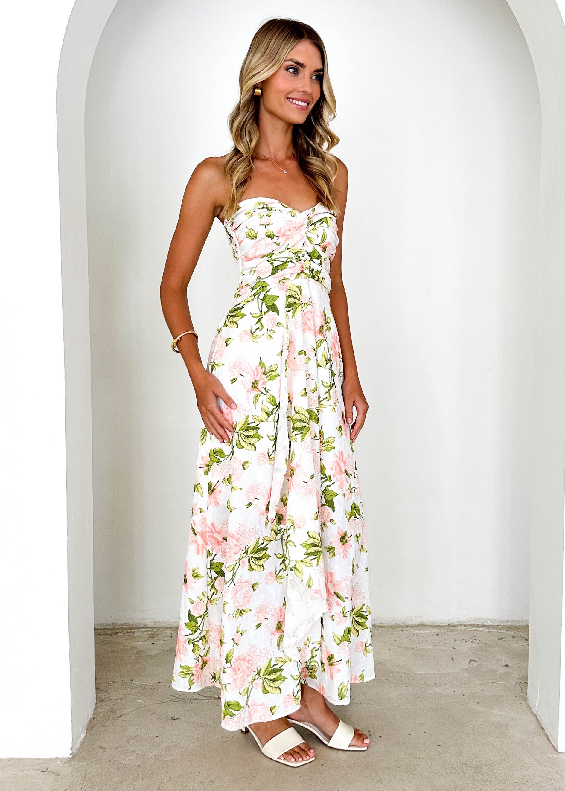 Naples Strapless Maxi Dress - Peach Floral