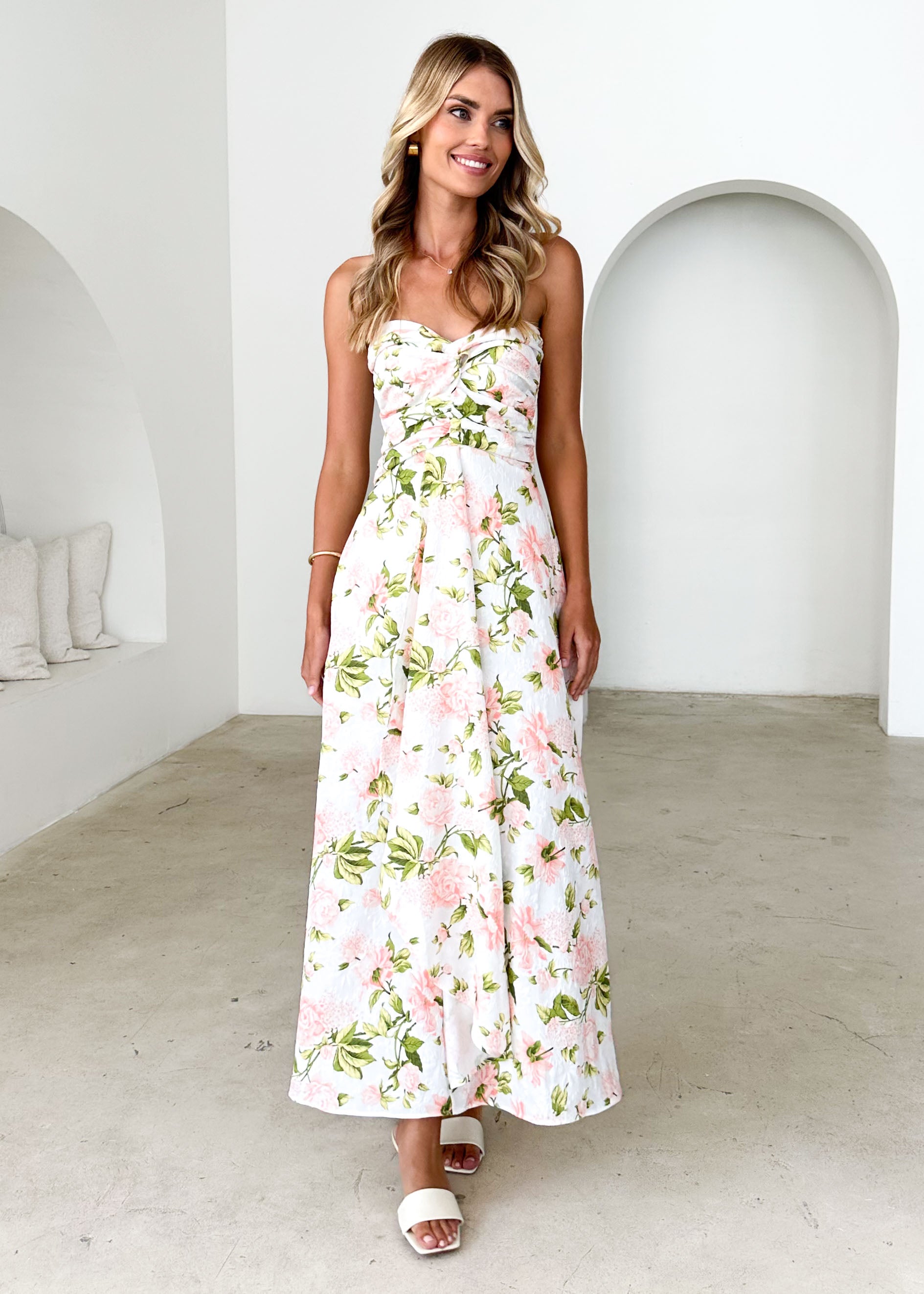 Naples Strapless Maxi Dress - Peach Floral