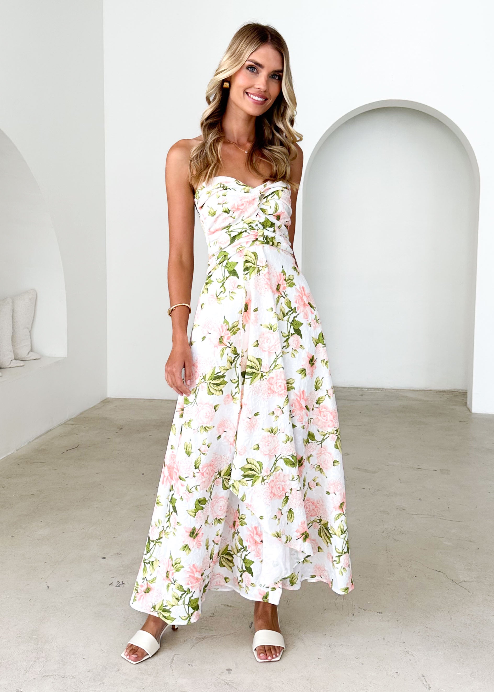 Naples Strapless Maxi Dress - Peach Floral