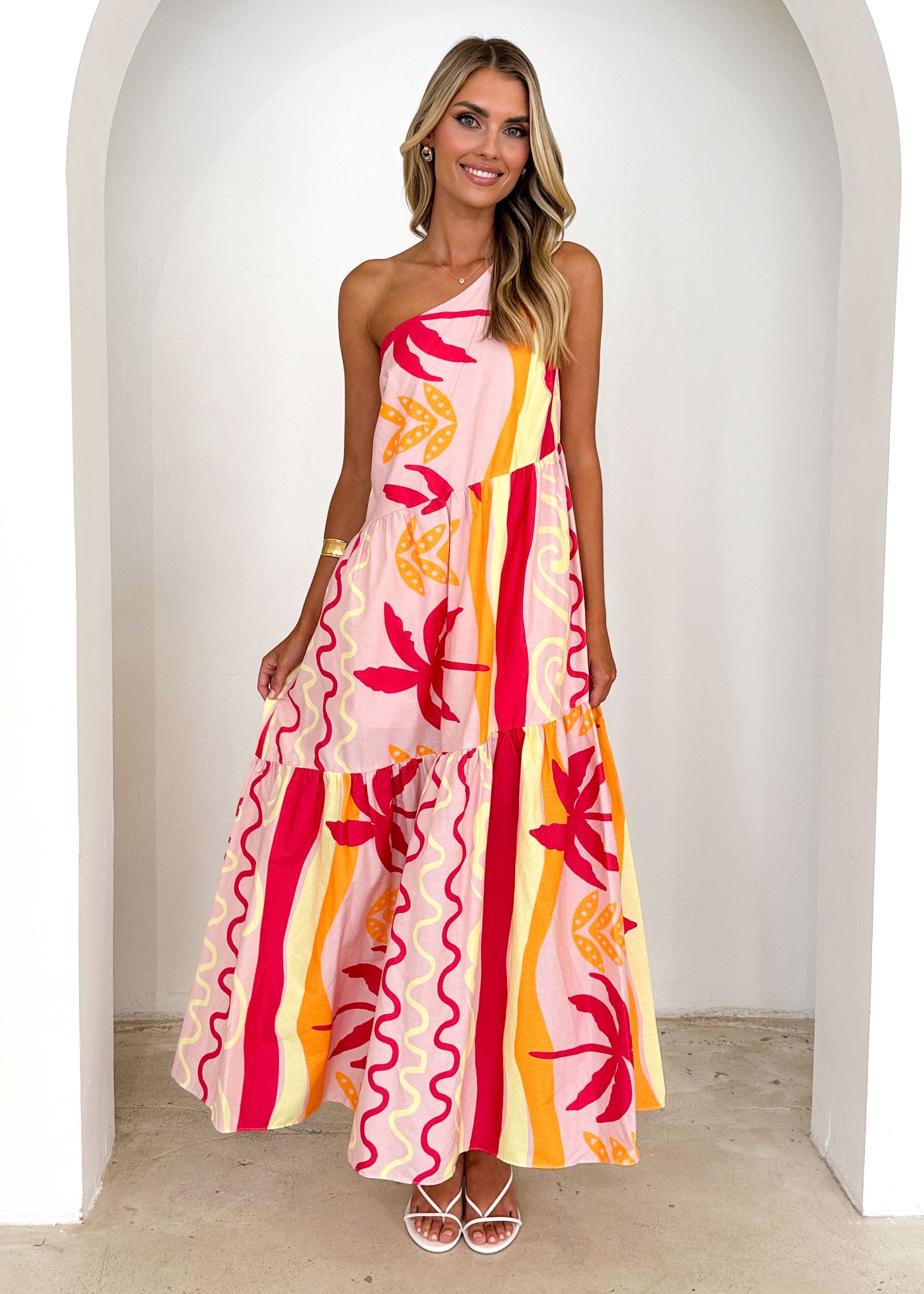 Indira One Shoulder Maxi Dress - Pink Palm