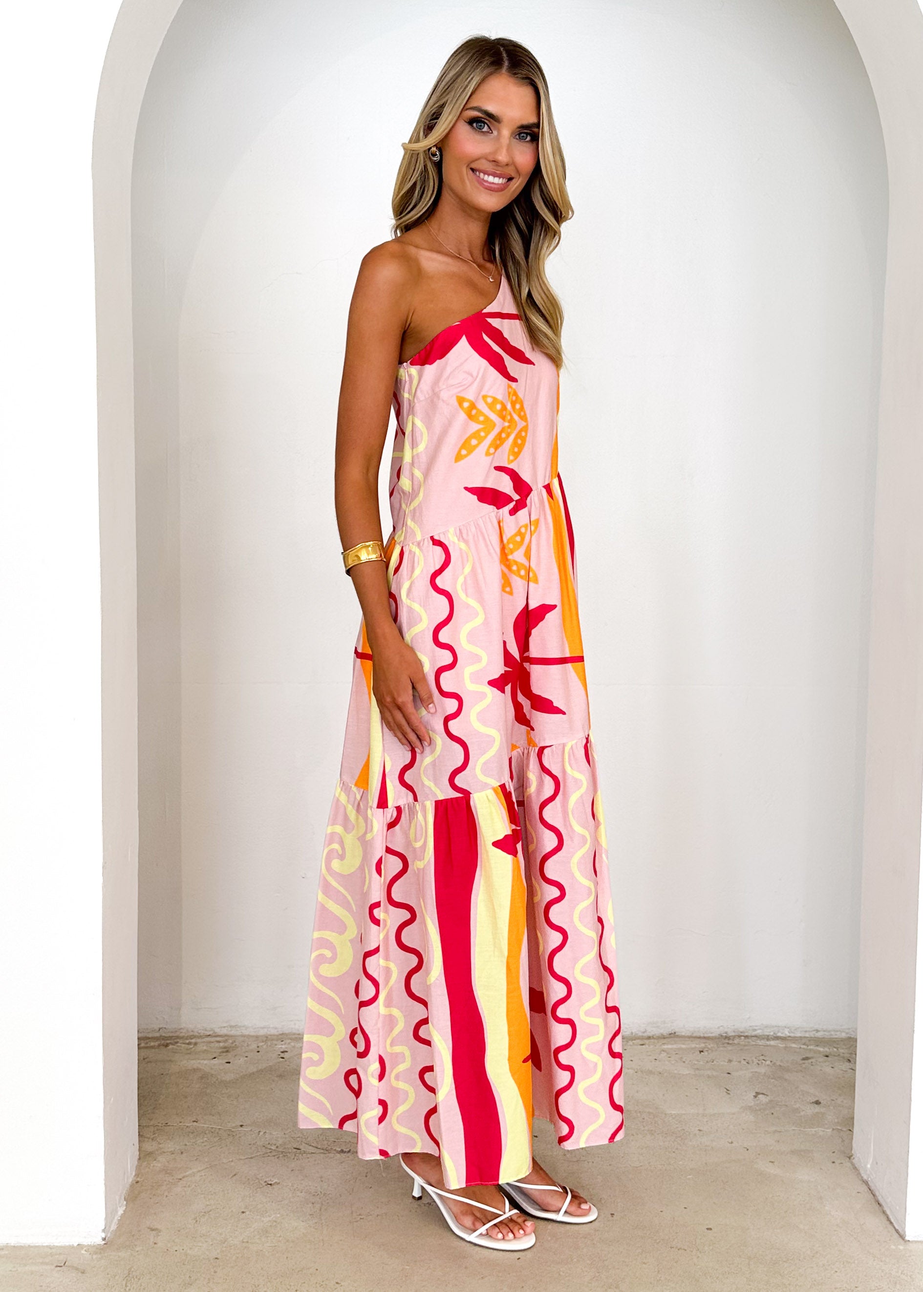 Indira One Shoulder Maxi Dress - Pink Palm