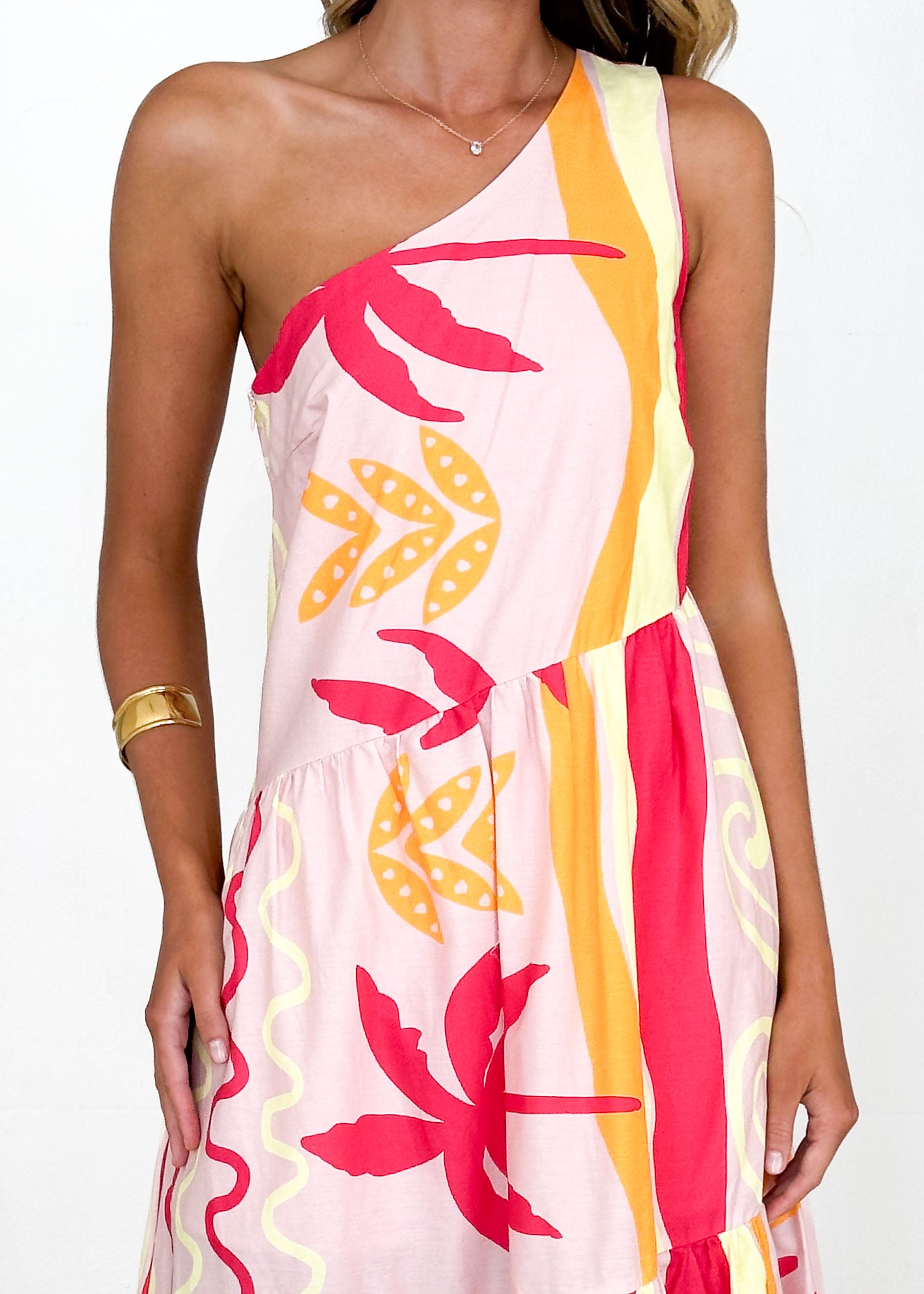 Indira One Shoulder Maxi Dress - Pink Palm