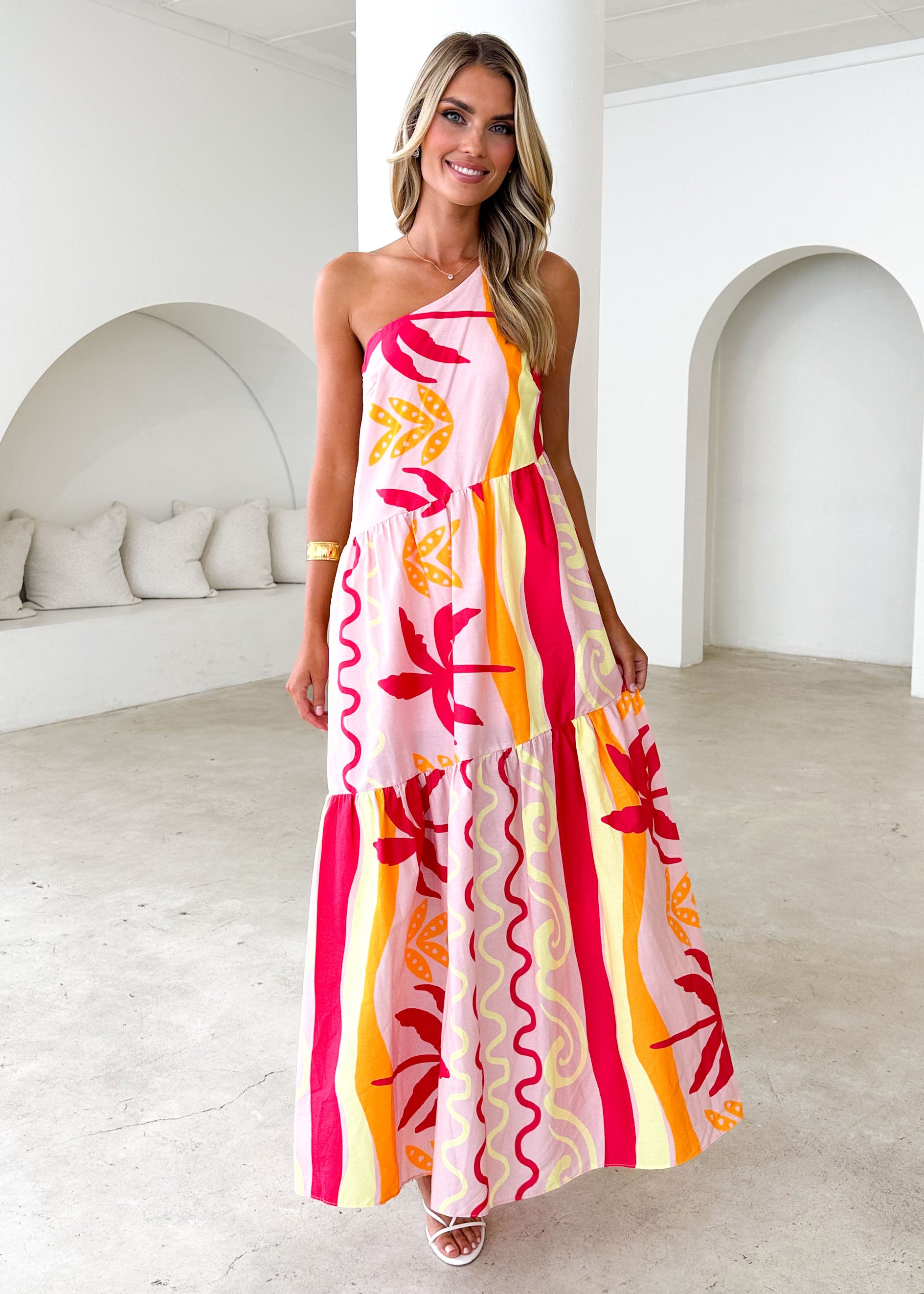 Indira One Shoulder Maxi Dress - Pink Palm