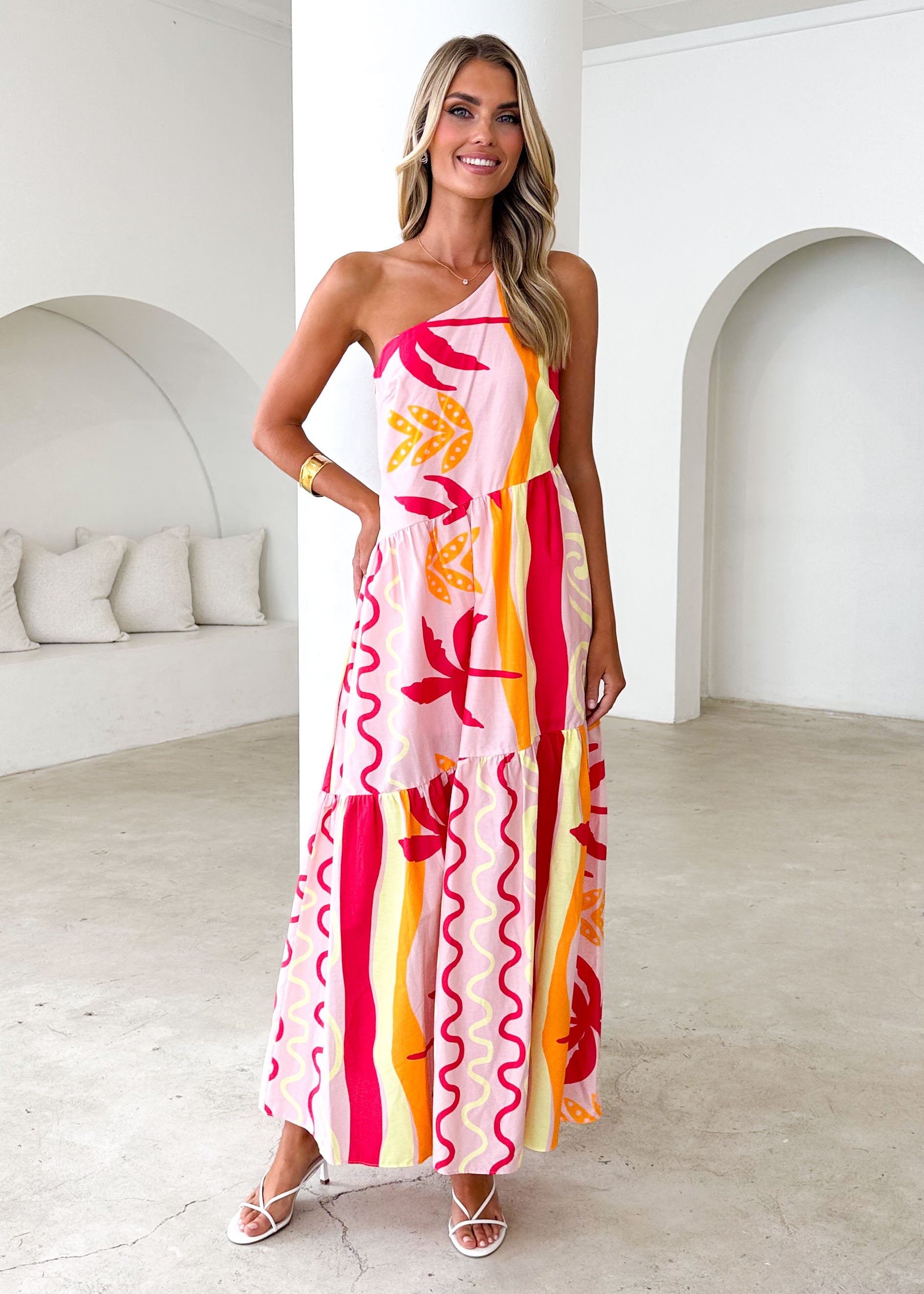 Indira One Shoulder Maxi Dress - Pink Palm