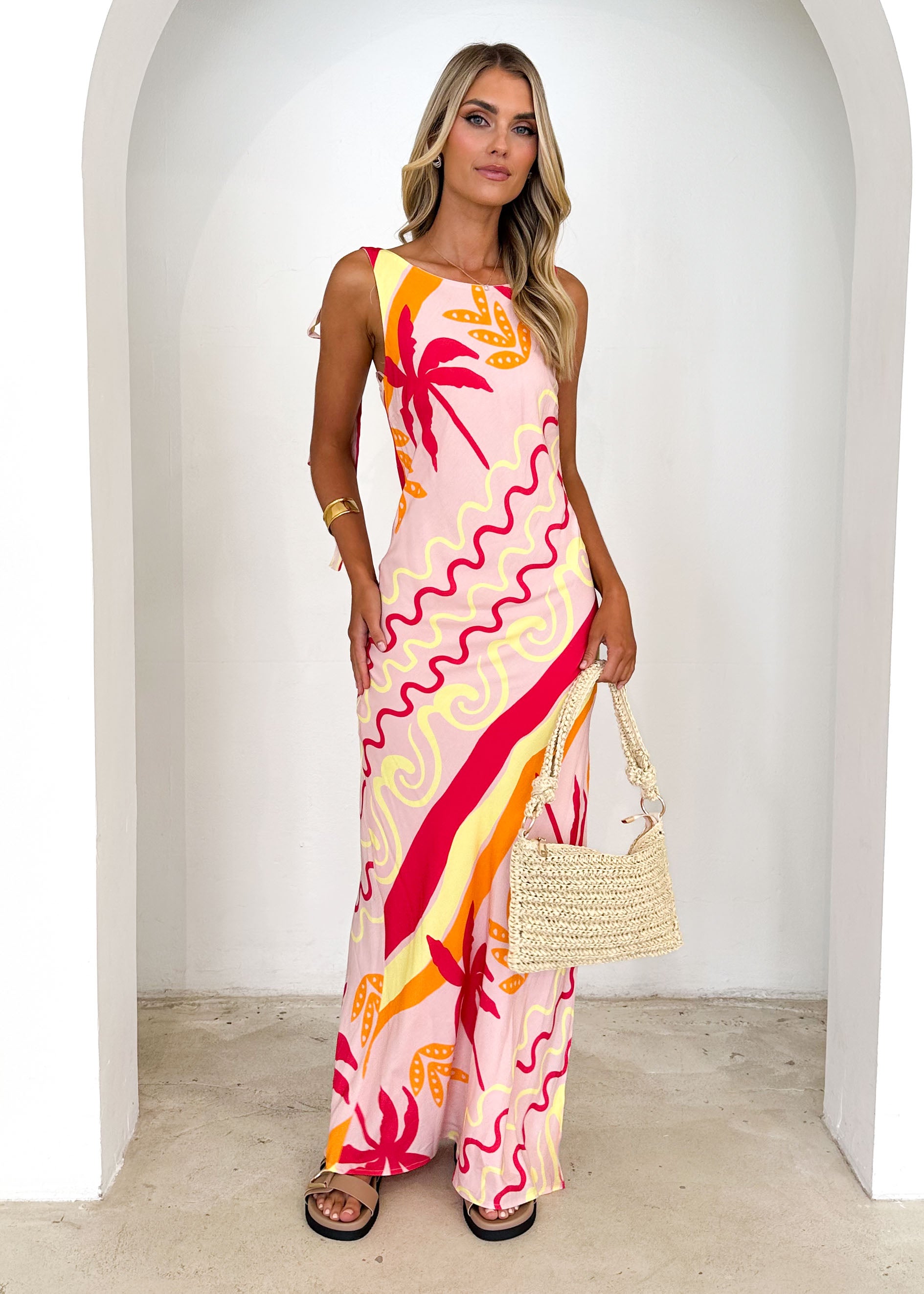 Lauryn Midi Dress - Pink Palm