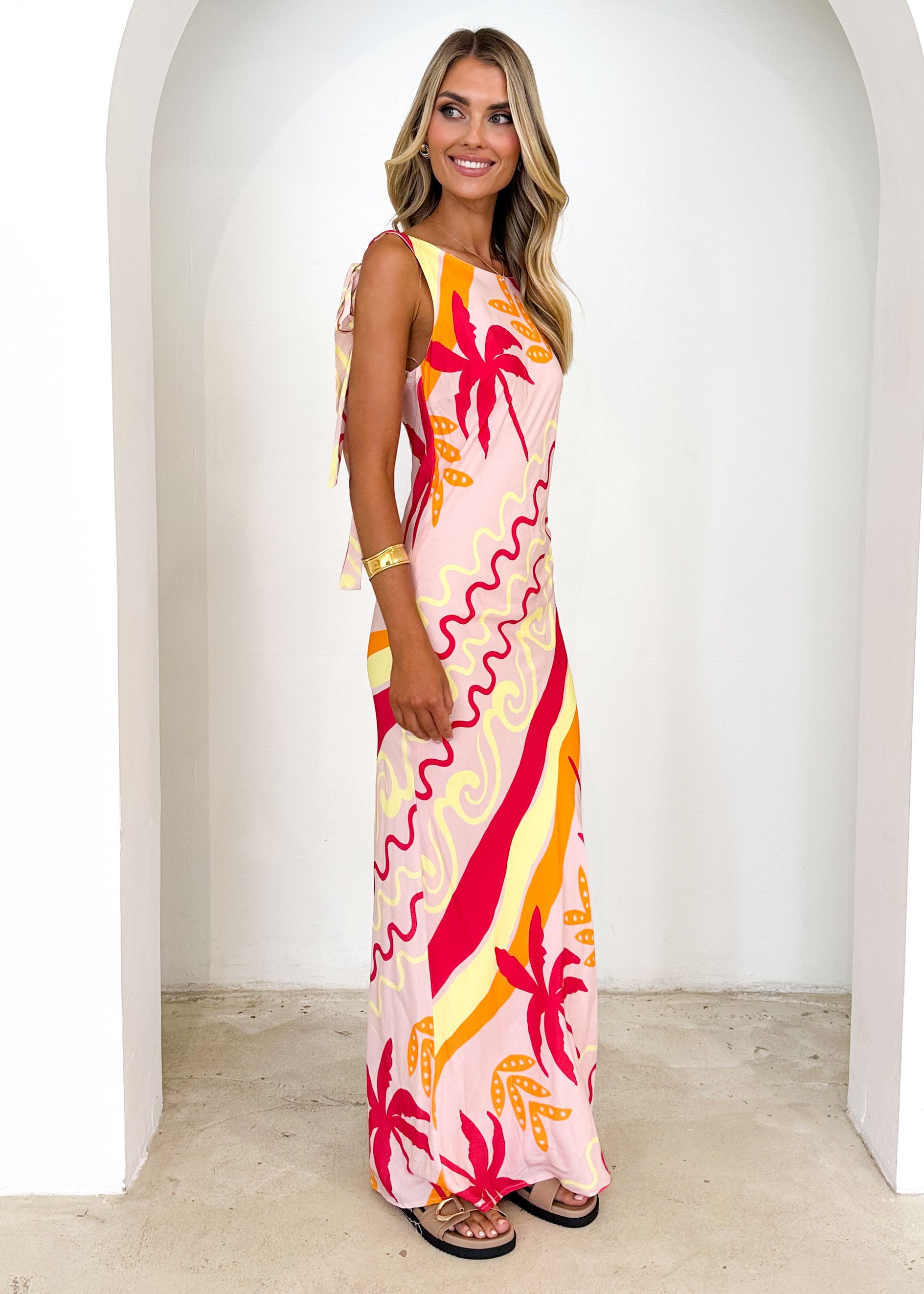 Lauryn Midi Dress - Pink Palm