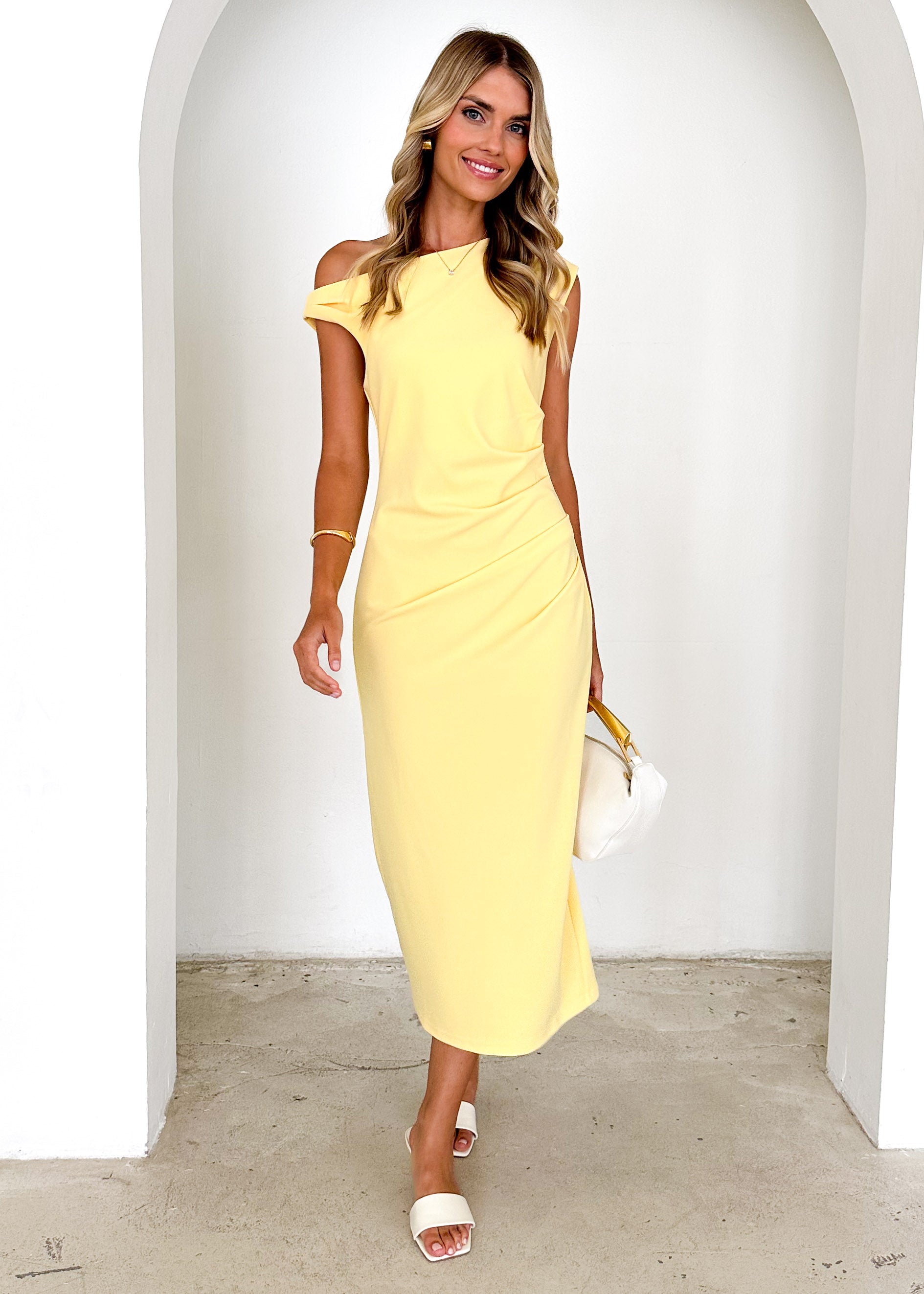 Tina One Shoulder Midi Dress - Lemon