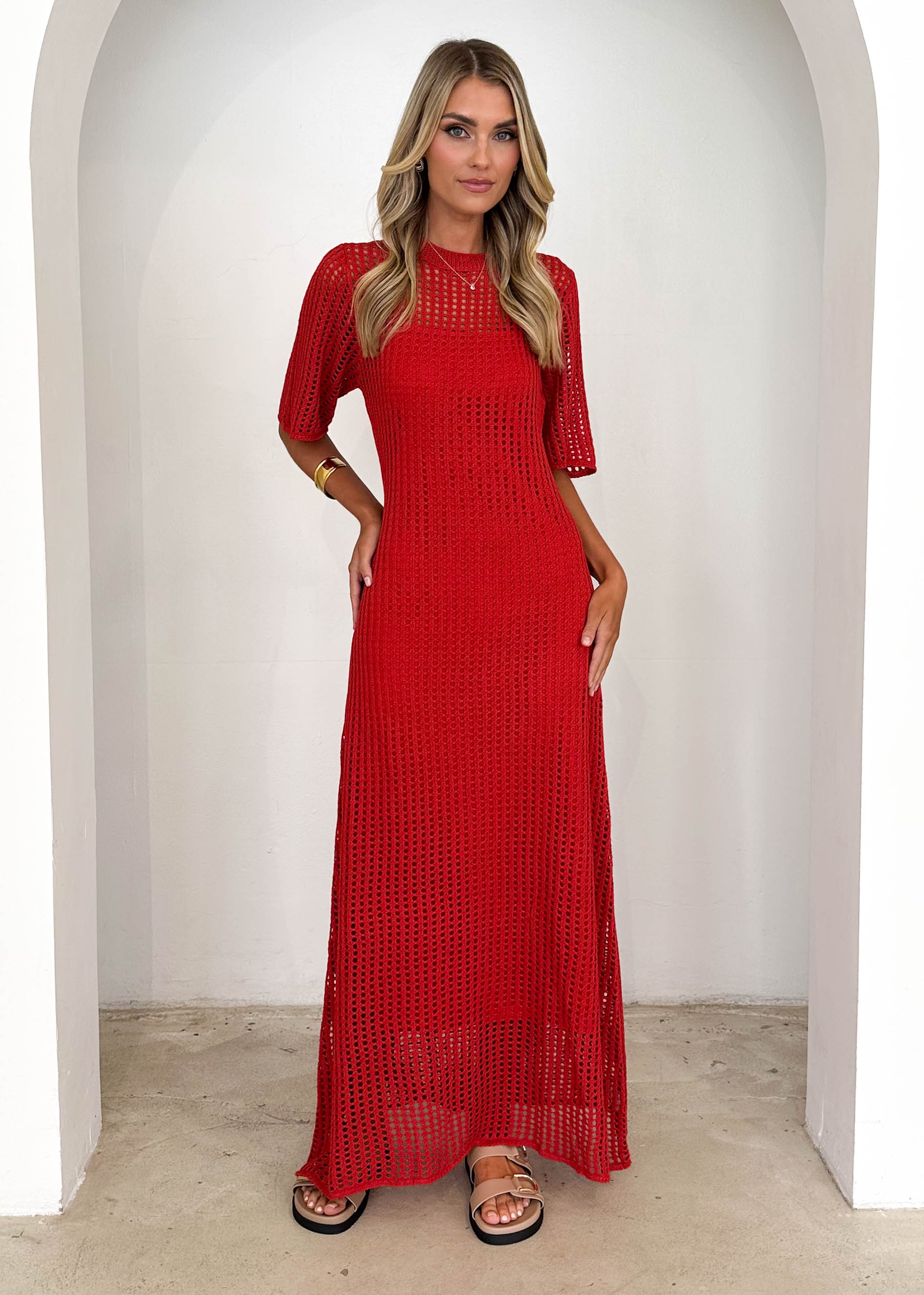 Vivvy Crochet Maxi Dress - Red