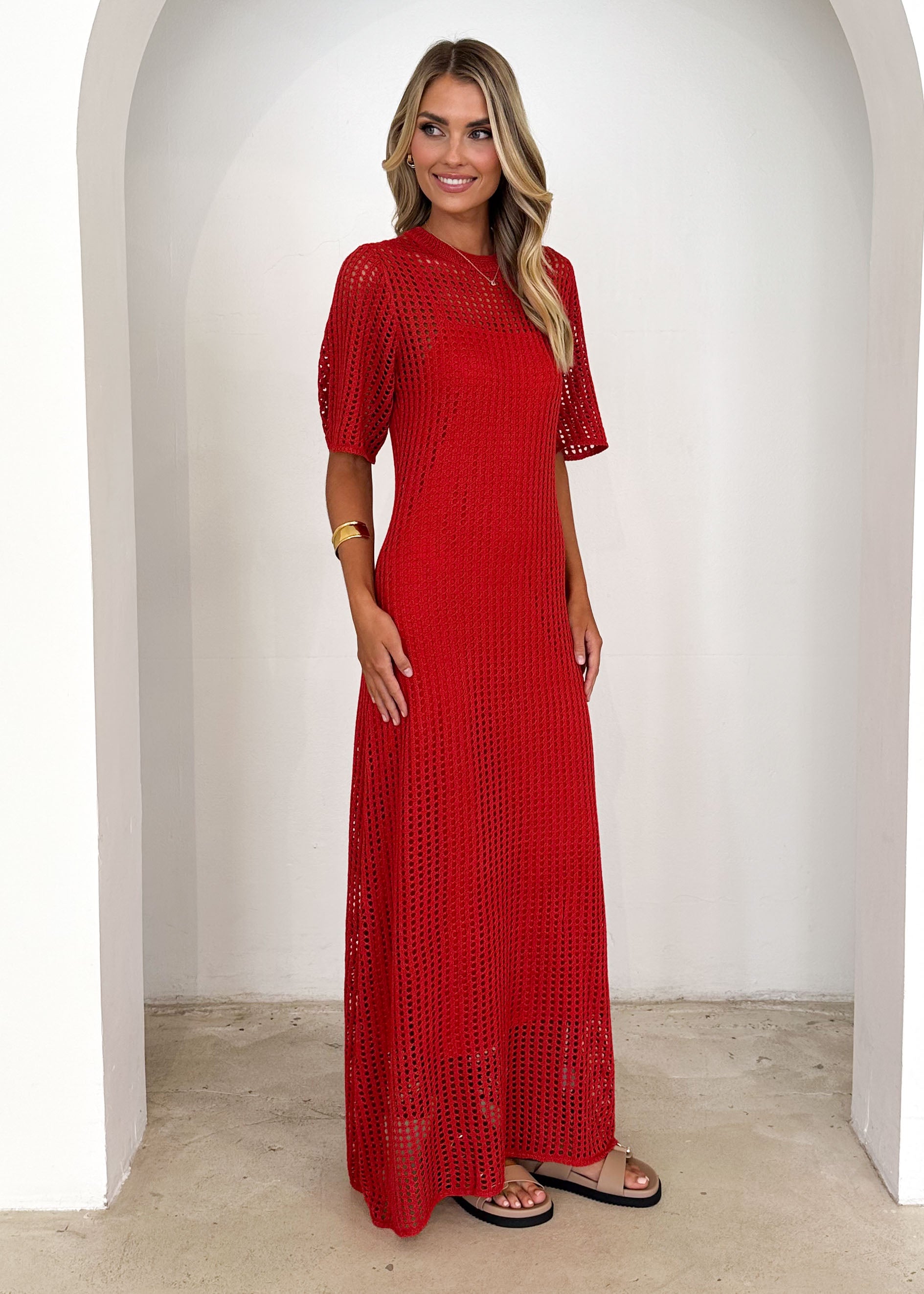 Vivvy Crochet Maxi Dress - Red