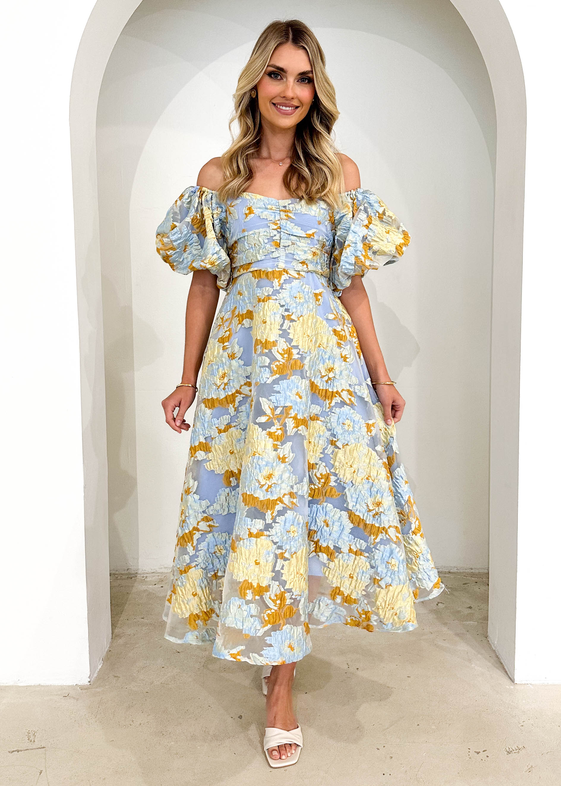 PRE-ORDER: Tulliah Off Shoulder Midi Dress - Blue Jacquard