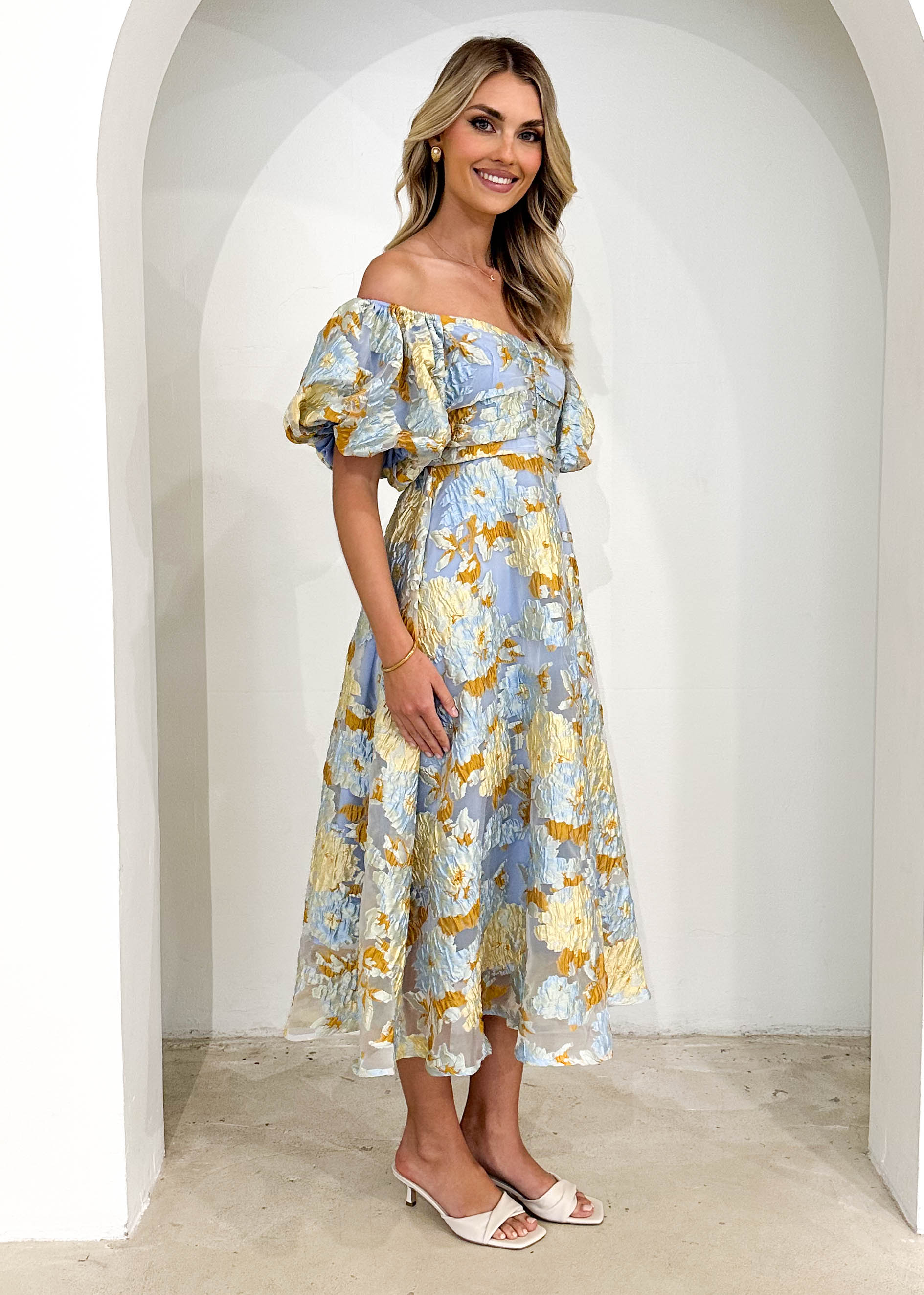 Tulliah Off Shoulder Midi Dress - Blue Jacquard